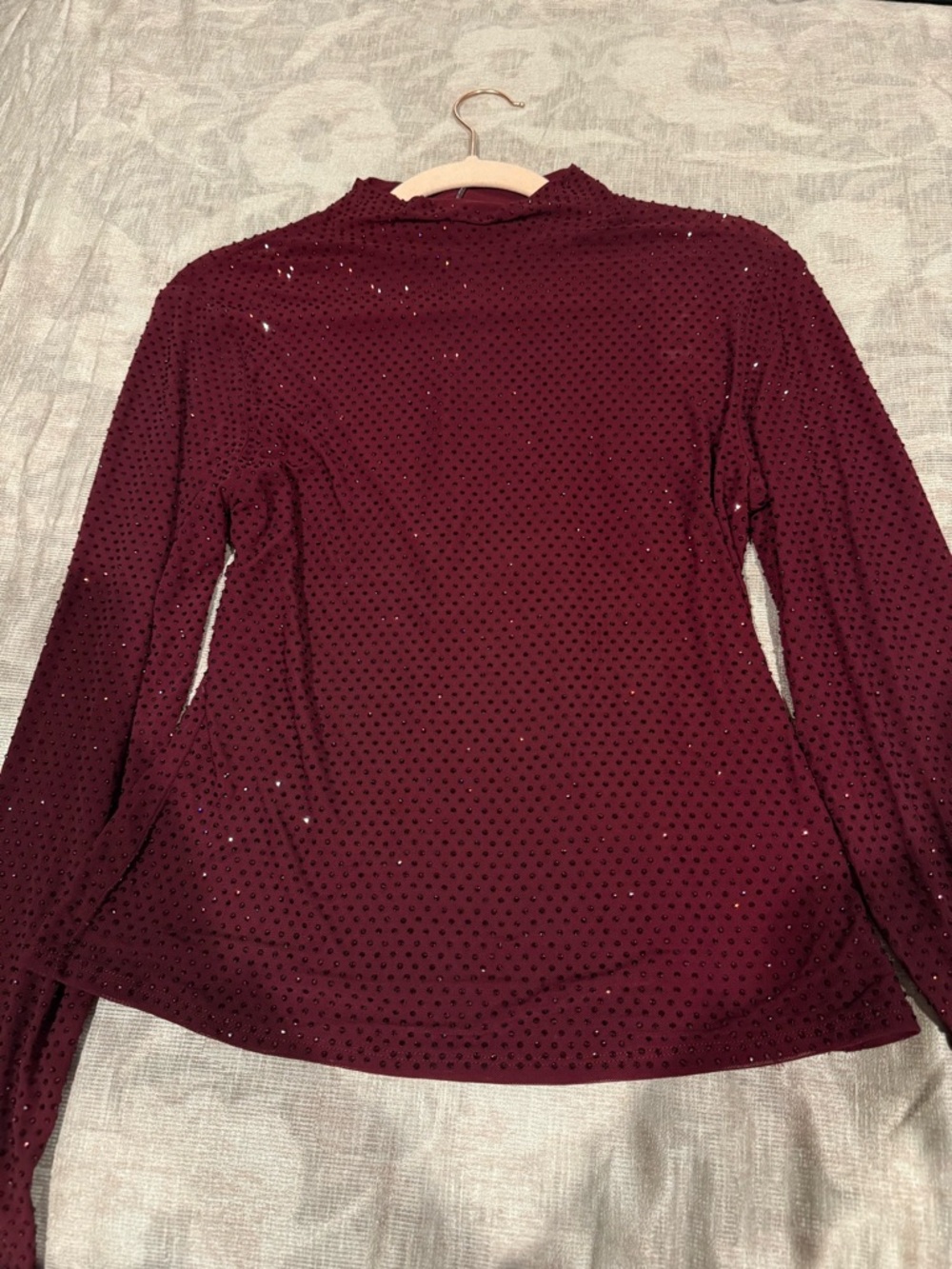 Naked Wardrobe Dark Plum Burgundy Long Sleeve Crystal Rhinestone Turtleneck Top